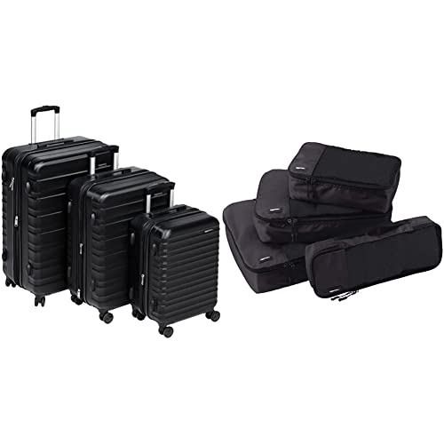 Amazon Basics Hartschalen - Kofferset - 3-teiliges Set (55 cm, 68 cm, 78 cm), Schwarz & Kleidertaschen-Set, 4-teilig, je 1 kleine, mittelgroße, große und schmale Packtasche, Schwarz