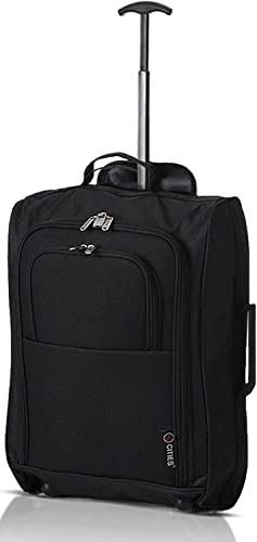 5 Cities Leichtgewicht Handgepäck Kabinentrolley Rollkoffer Gepäck Reisetasche Bordgepäck mit Rädern für Easyjet, Ryanair, British Airways, Jet 2 und viele andere Airlines 55x35x20cm 42L (Schwarz)