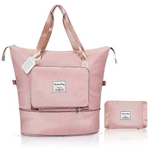 flintronic Reisetasche Damen, Faltbare Reisetasche, Sporttasche, Handgepäck Tasche, Wasserdicht Travel Bag Duffle Bag, Trainingstasche, Handtasche für Sport & Reisen (Mit 1 Gepäckanhänger)-Rosa