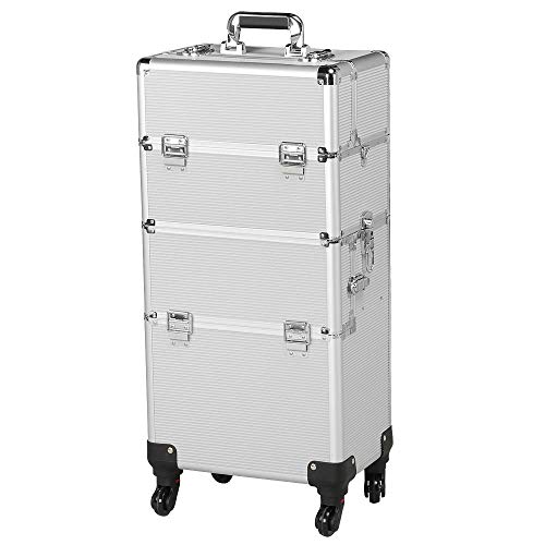 Yaheetech 3 in 1 Friseurkoffer Alu Kosmetikkoffer Trolley Beautycase Koffer Trolley mit Schlösser und Tragegurt, Silber