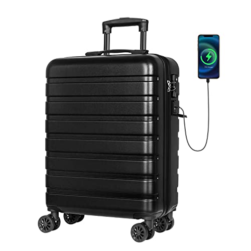 AnyZip Handgepäck Koffer Leicht Hartschalenkoffer Reisekoffer Trolley Rollkoffer mit TSA Schloss und 4 Rollen USB（Schwarz,M）