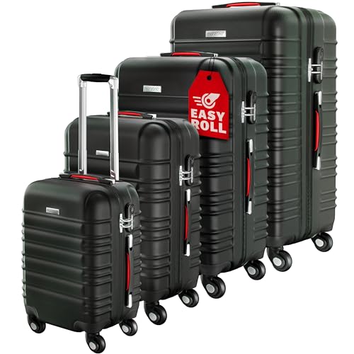 Monzana® Kofferset Baseline Hartschalen Koffer S-M-L-XL Gel-Griffe 4 Rollen ABS Hardcase Schloss Füße Trolley Rollkoffer Reisekoffer 4er Set Schwarz