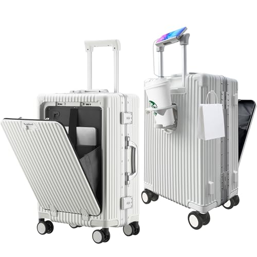 TurelinnG Koffer, Airline Approved Handgepäck, 20 Zoll Aluminiumrahmen, Hauptkörper (PC) Koffer mit Spinner-Rädern, Hard Carry-on Koffer & Trolleys(Weiß)