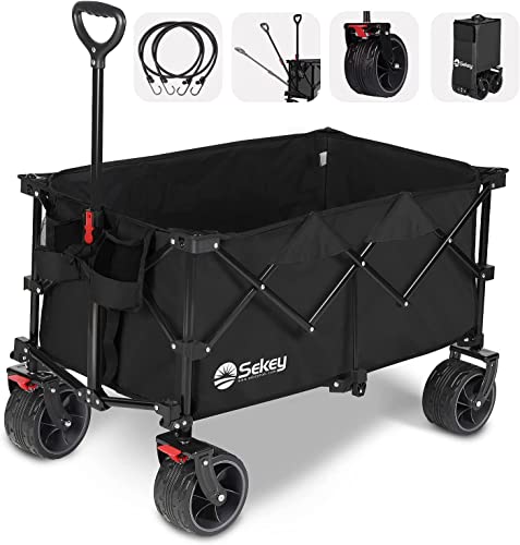 Sekey XXL Plus Bollerwagen Faltbar mit Bremsen 200L 150KG Belastbar, 17x10 cm Extra Breite Reifen All Terrain Bollerwagen, Patentiert Zusammenfaltbar aus Vier Richtungen, XXL-PlusB 4011, Schwarz