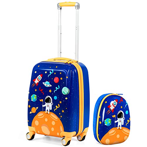 GOPLUS Kinderkoffer mit Rucksack, Kids Trolley, Kindergepäck mit Rollen, Reisekoffer mit Teleskopgriff, Hartschalenkoffer für Kinder, Kindertrolley Farbwahl (12'+18', Astronauten)