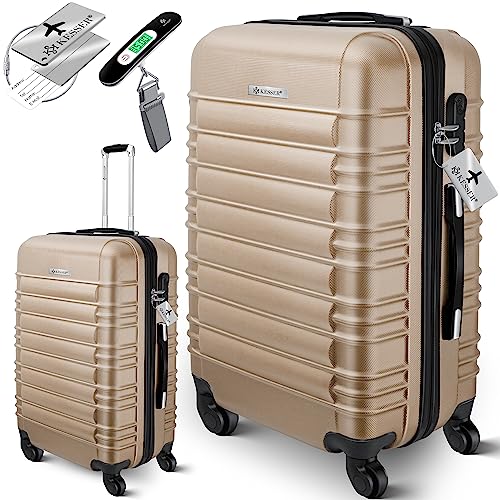 KESSER® Reisekoffer Mittlerer Hartschalen-Koffer Inkl. Kofferwaage + Gepäckanhänger Trolley Gepäck Rollkoffer Zahlenschloss 4 Rollen ABS-Hartschale Teleskopgriff (66x45x28cm / 84 Liter Champagne)