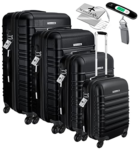 KESSER® 4pcs Hartschalenkoffer Reisekoffer Set Trolley Koffer inkl. Gepäckwaage + Gepäckanhänger rollendes Kofferschloss, 4 Rollen ABS, Hartschale Teleskopgriff S-M-L-XL, Blacks
