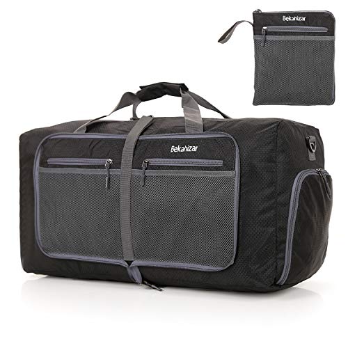 Bekahizar 60L Leichter Faltbare Reisetasche Groß Weekender Übernachtung Taschen Verpackbar Reise-Gepäck Sporttasche Travel Duffel Handgepäck Mit Schuhfach für Sport Reisen Gym Urlaub (schwarz)