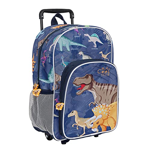 PERLETTI Kinder Rucksack Blau für Kindergarten Jungen 3 4 5 6 Jahre - Kinderrucksack mit Abnehmbaren Rädern für Kleinkinder - Pirat Dinosaurier Rollrucksack mit Reflektierenden Details (Dinosaurier)