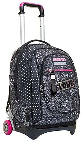 TROLLEY NEW TECH SEVEN EVEN YANTRY GIRLRucksack mit Trolleyfunktion, 3 in 1, Schulranzen mit Rollen, Abnehmbarer Rucksack, ab 1. Klasse, für Schule, Gymnasium, Reisen&Freizeit, Mädchen&Jungen, schwarz