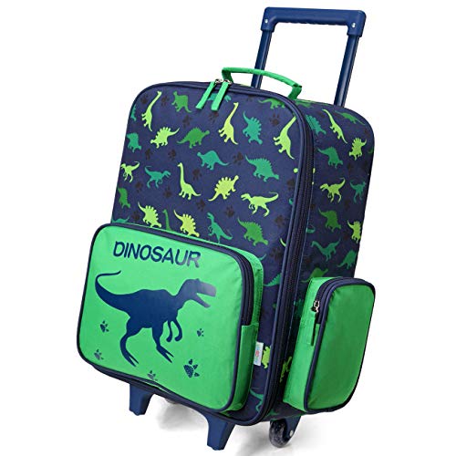 VASCHY Kinderkoffer, Schön Reisekoffer Jungen Handgepäck Koffer Kleinkind Kindergarten Kinder Mädchen Trolley mit Rädern 18 Zoll Grün Dinosaurier