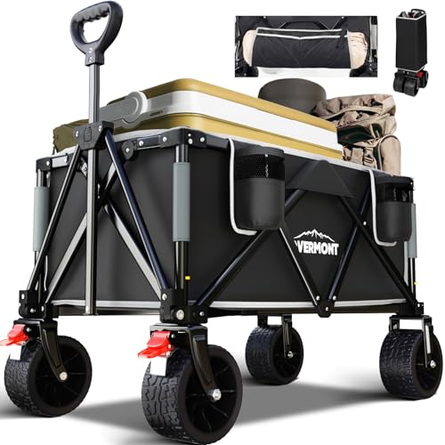 Overmont Faltbar Alle Gelände Bollerwagen - 8,1CM Breite Räder - 150I großes Fassungsvermögen mit Seitentaschen Getränkehalter Verstellbarem Griff - bis 120 kg Tragkraft - für Camping Sport Einkaufen