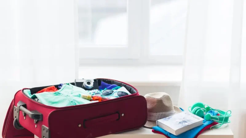 Gepackter Koffer mit Kleidung für eine Winterreise