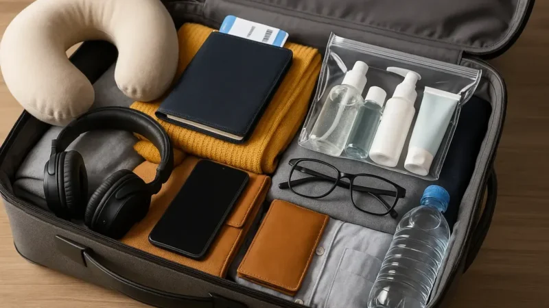 Handgepäck packen: geöffneter Trolley mit Flüssigkeitsbeutel, Reisepass, Kopfhörern und Nackenkissen