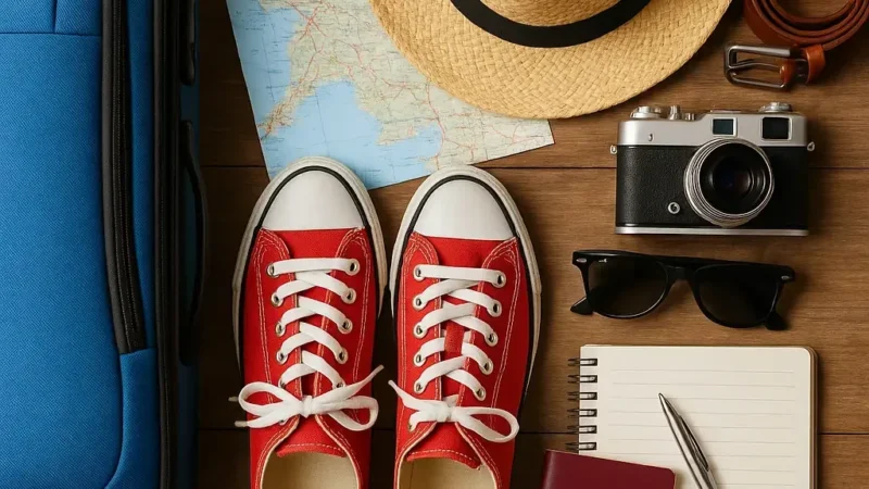Packliste Urlaub: Koffer, Reisepass, Sonnenhut, Kamera und Sneaker auf Holzboden